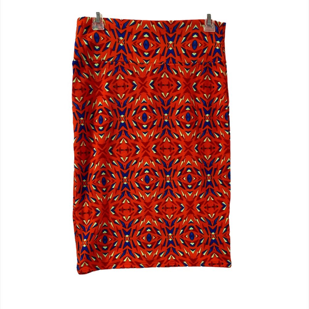 Lularoe Skirt Cassie Red Print Pencil  Woman's Small Textured Knit Knee Length.